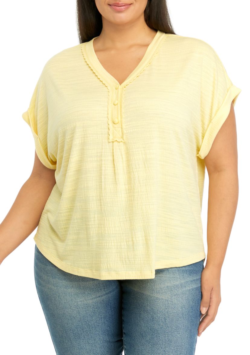 Plus Size Short Sleeve Textured Crinkle Henley Top