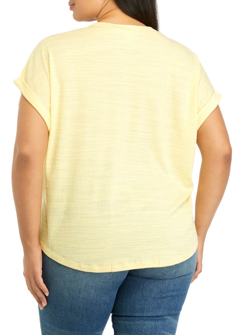 Plus Size Short Sleeve Textured Crinkle Henley Top