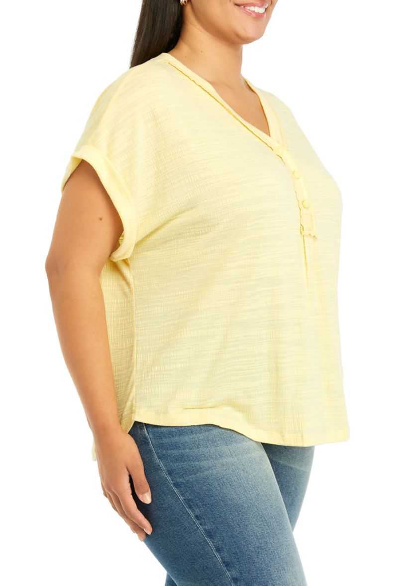 Plus Size Short Sleeve Textured Crinkle Henley Top