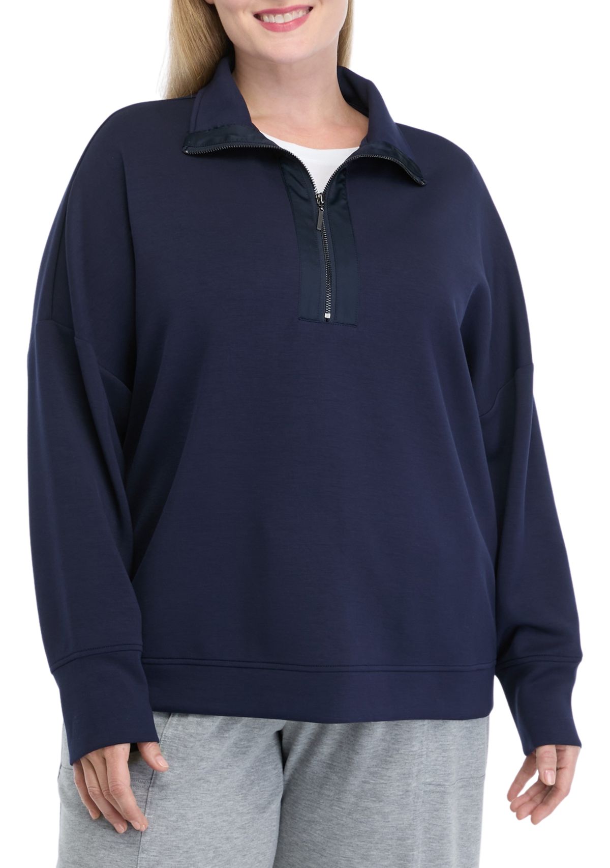 Plus Size Long Sleeve Half Zip Polo Collar Pullover
