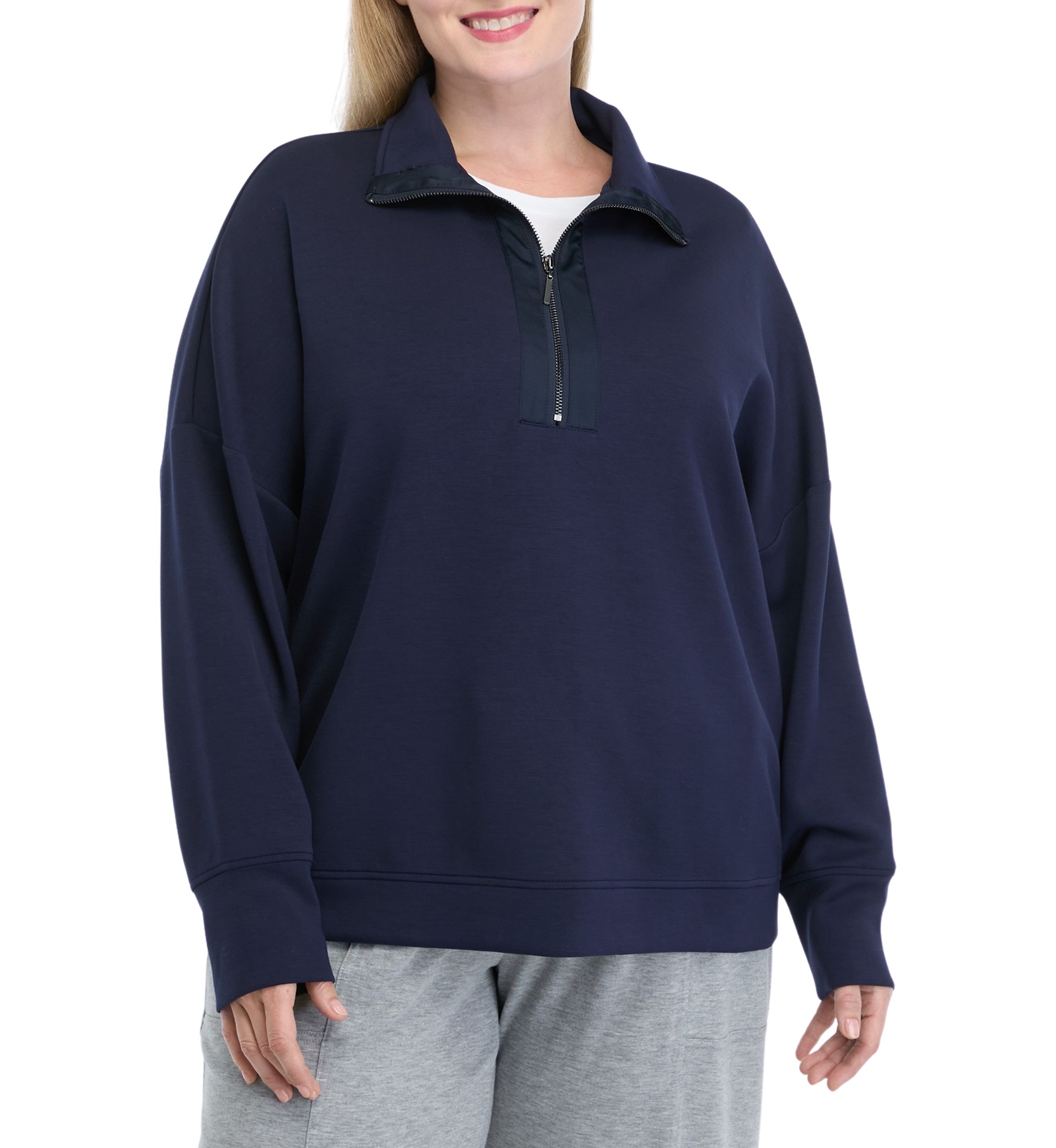 Plus Size Long Sleeve Half Zip Polo Collar Pullover