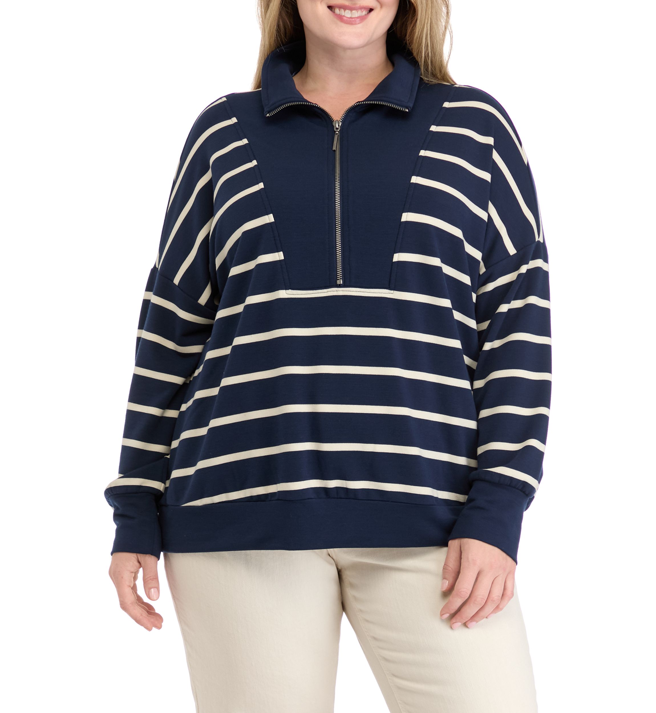 Plus Size Soft Terry Stripe 1/4 Zip Top