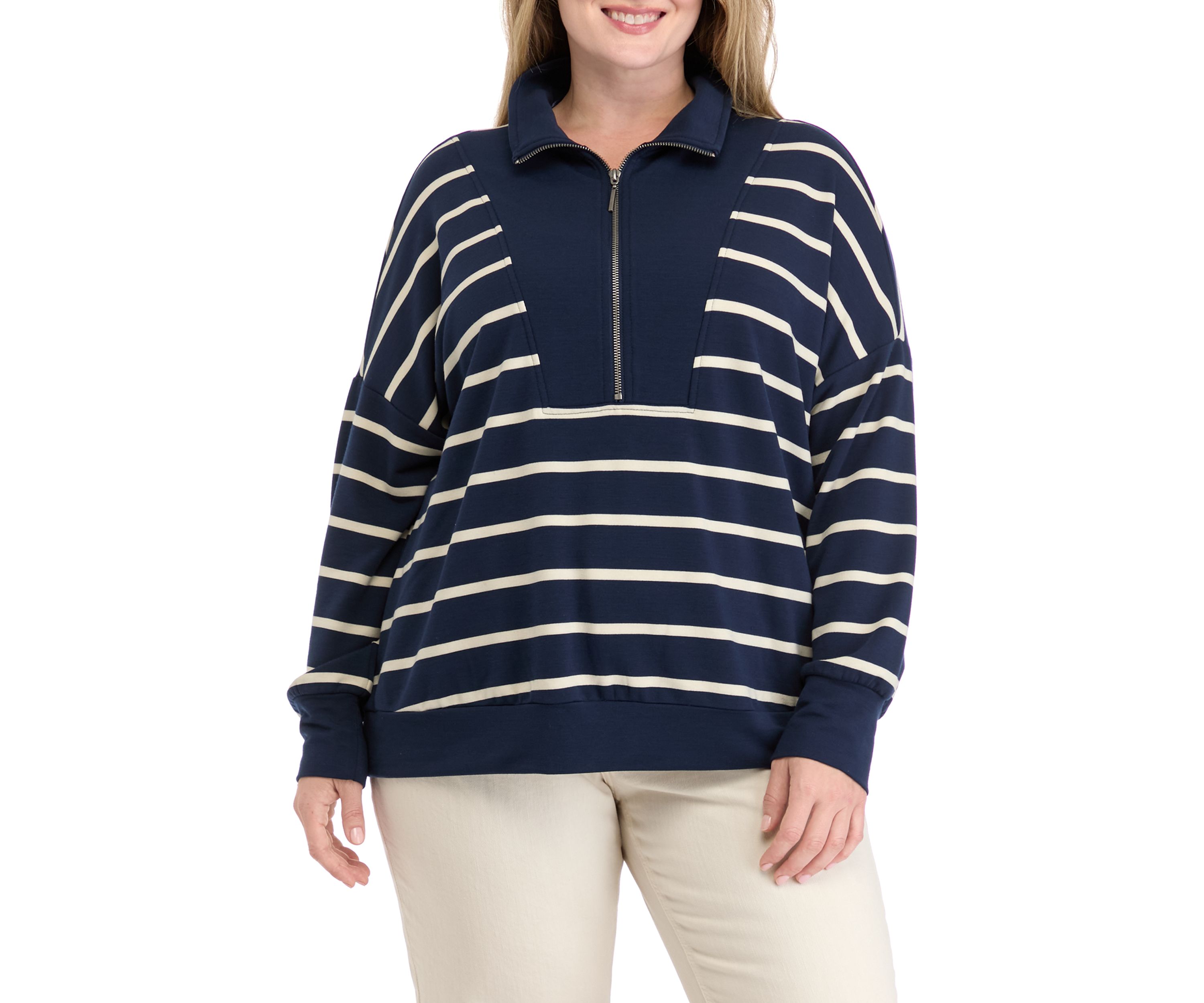 Plus Size Soft Terry Stripe 1/4 Zip Top