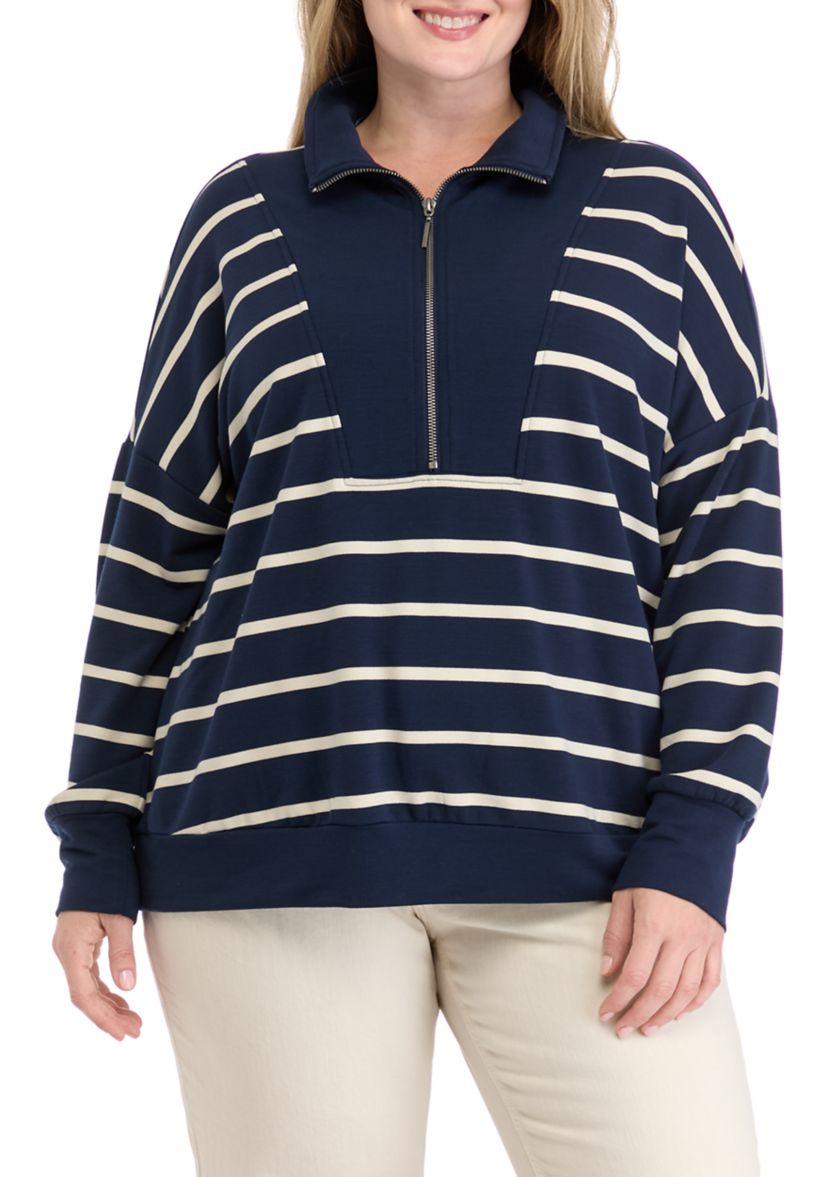 Plus Size Soft Terry Stripe 1/4 Zip Top