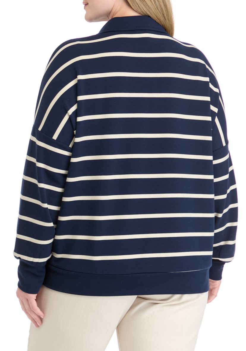Plus Size Soft Terry Stripe 1/4 Zip Top