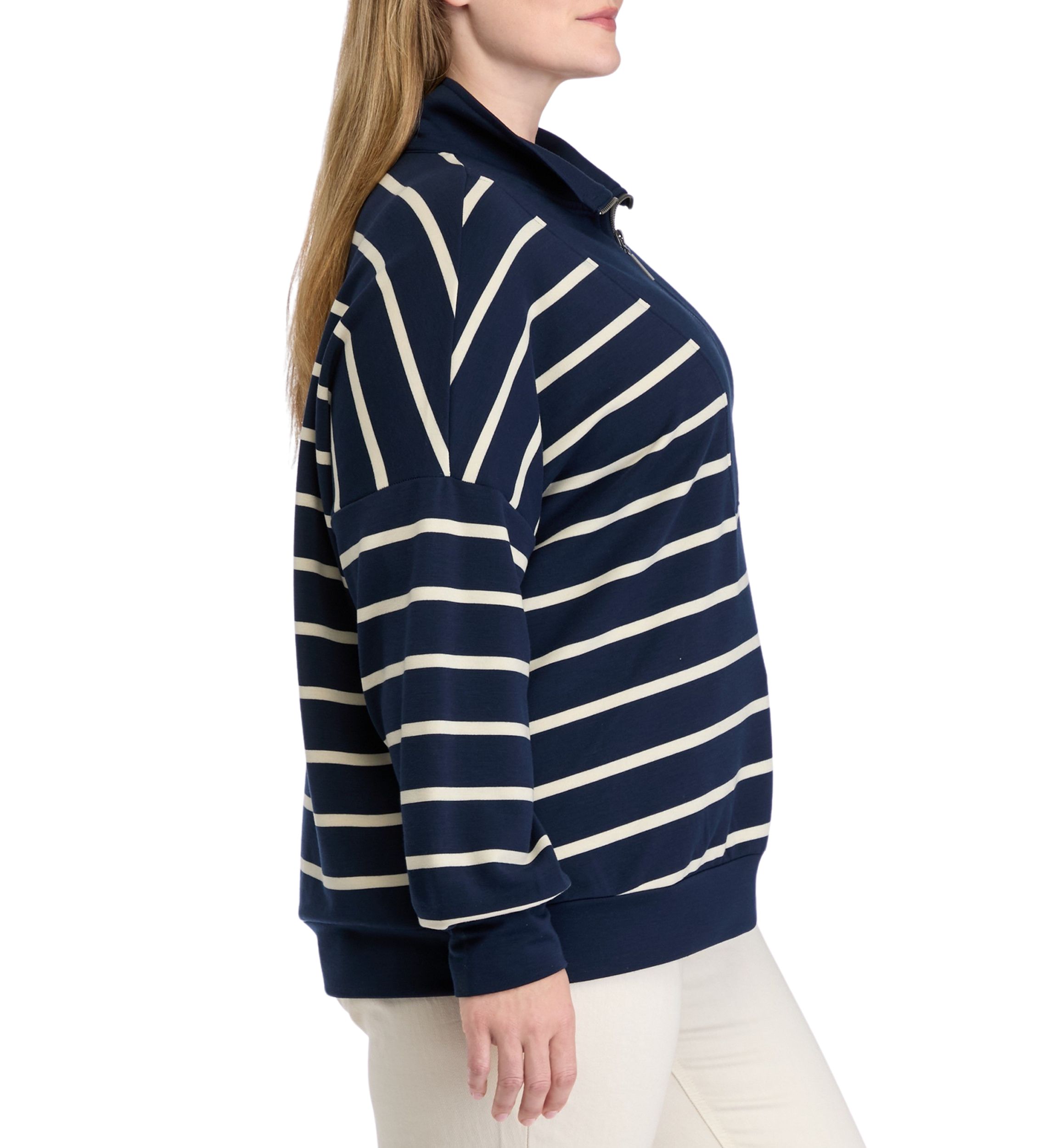 Plus Size Soft Terry Stripe 1/4 Zip Top