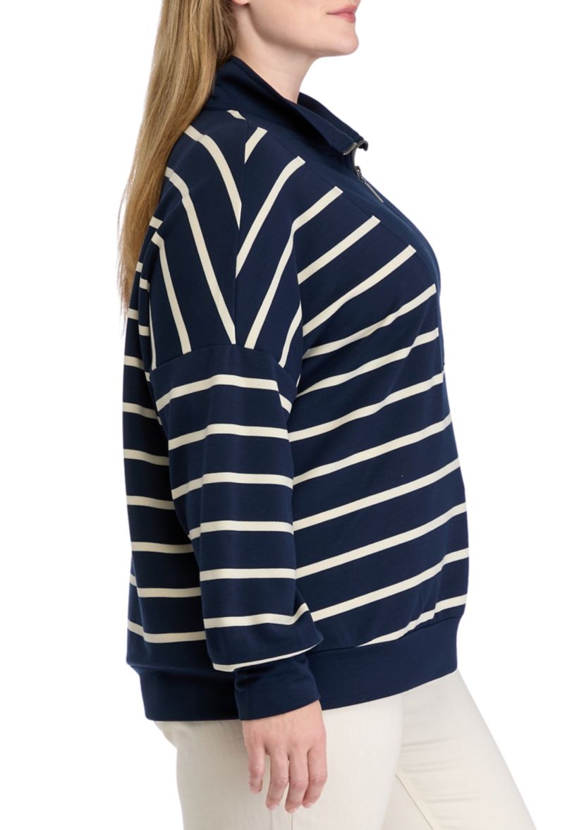 Plus Size Soft Terry Stripe 1/4 Zip Top