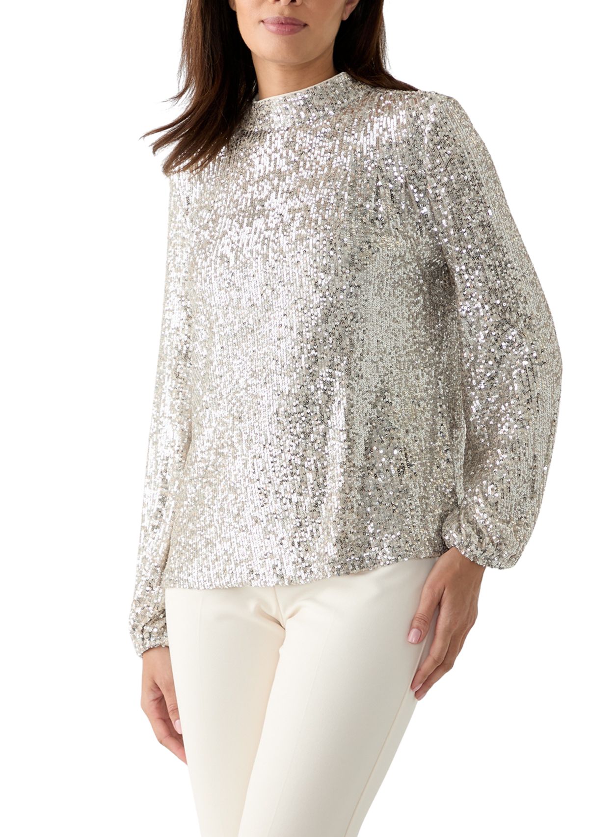 Womens Sequin Pleat Mock Neck Top