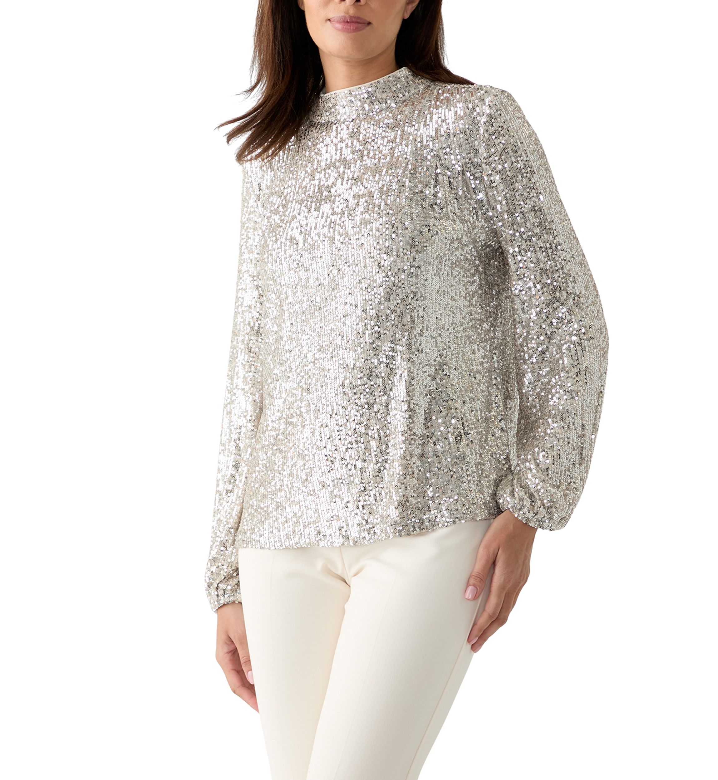 Womens Sequin Pleat Mock Neck Top