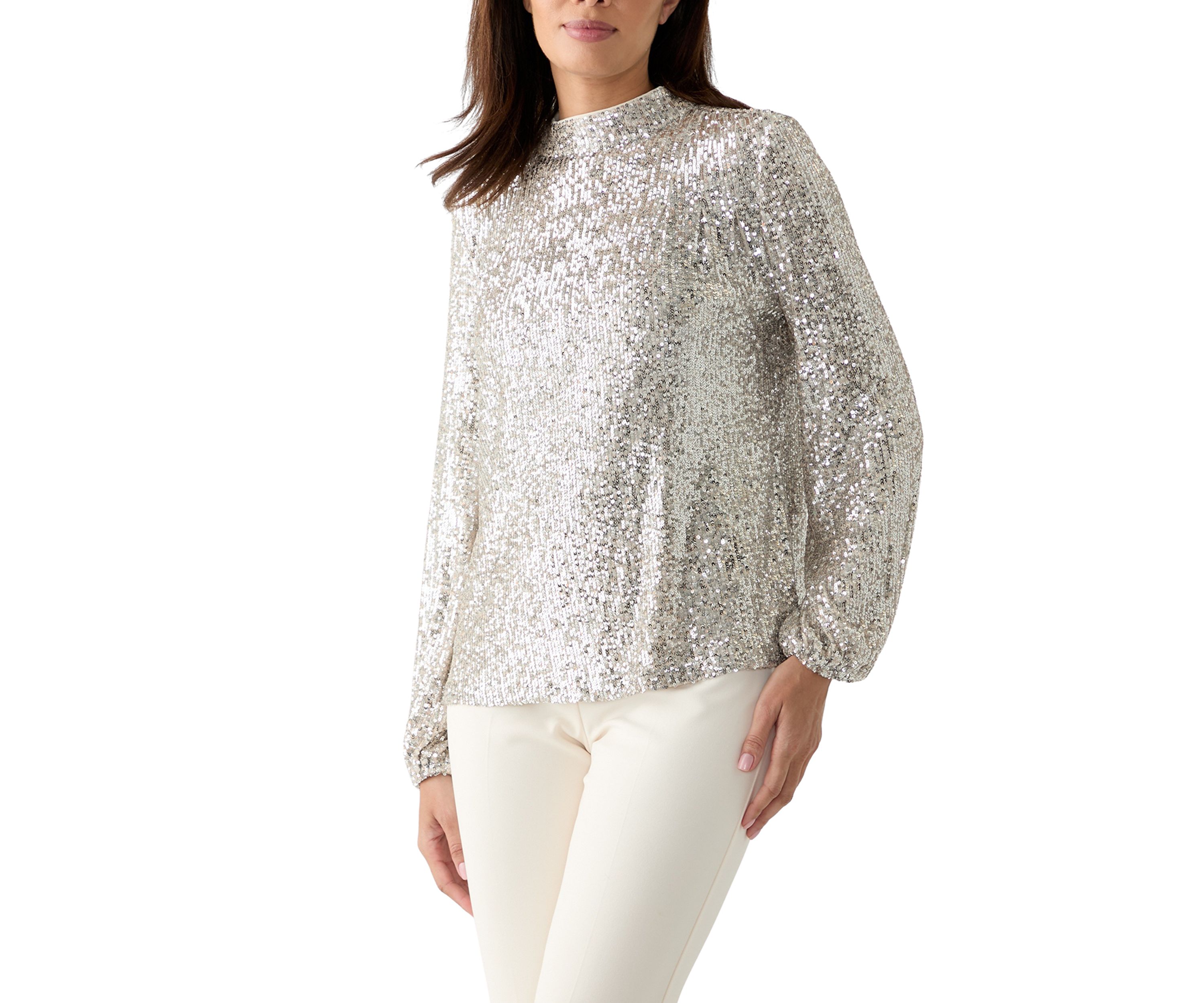 Womens Sequin Pleat Mock Neck Top