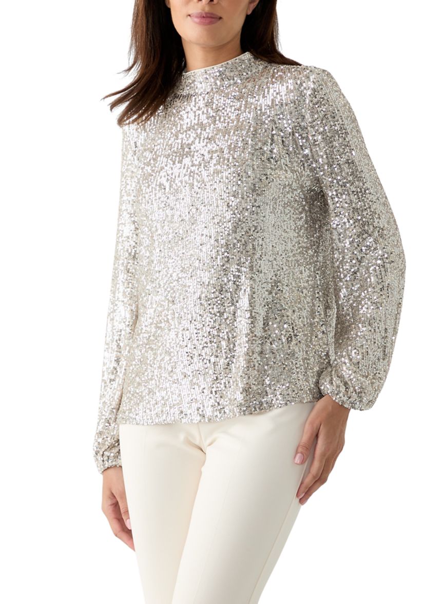 Womens Sequin Pleat Mock Neck Top