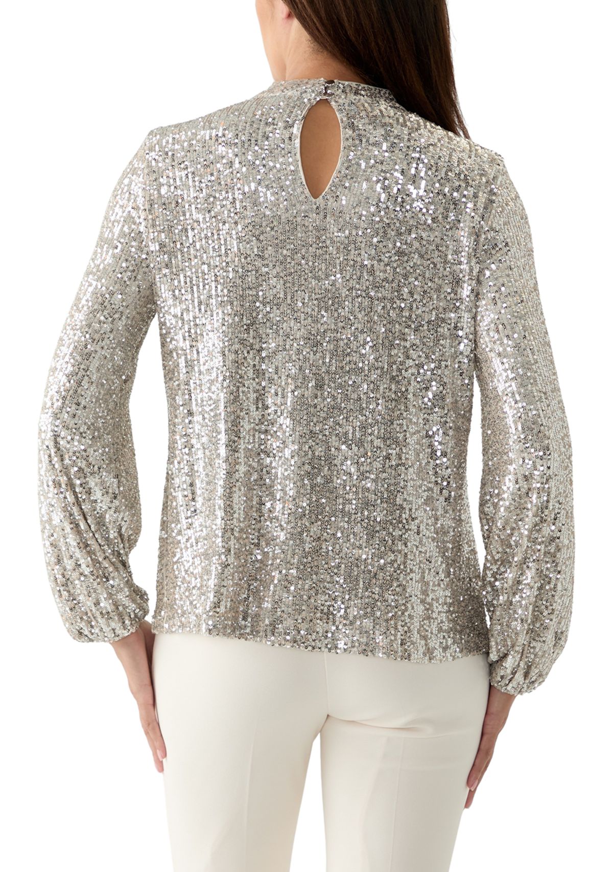 Womens Sequin Pleat Mock Neck Top
