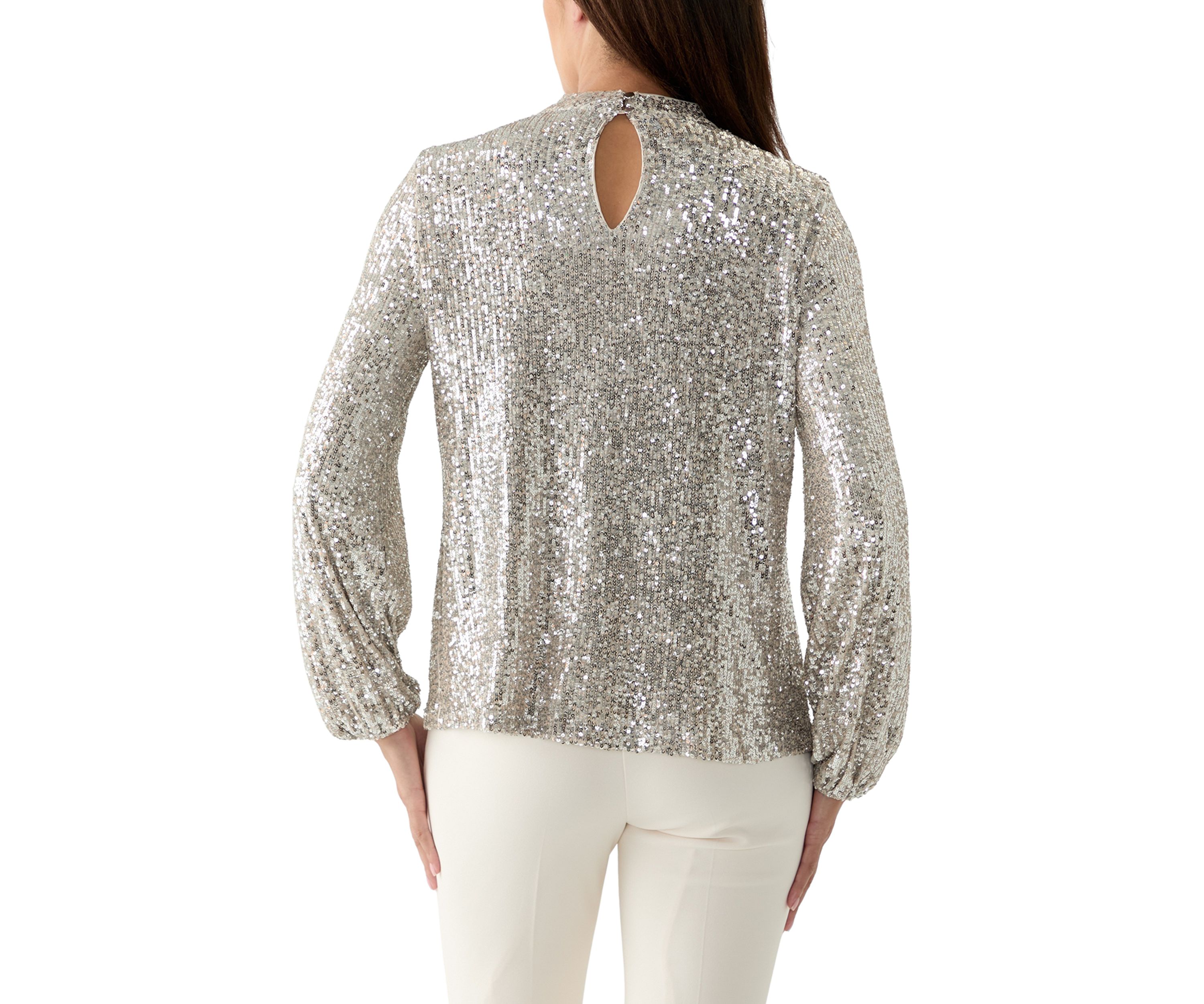 Womens Sequin Pleat Mock Neck Top