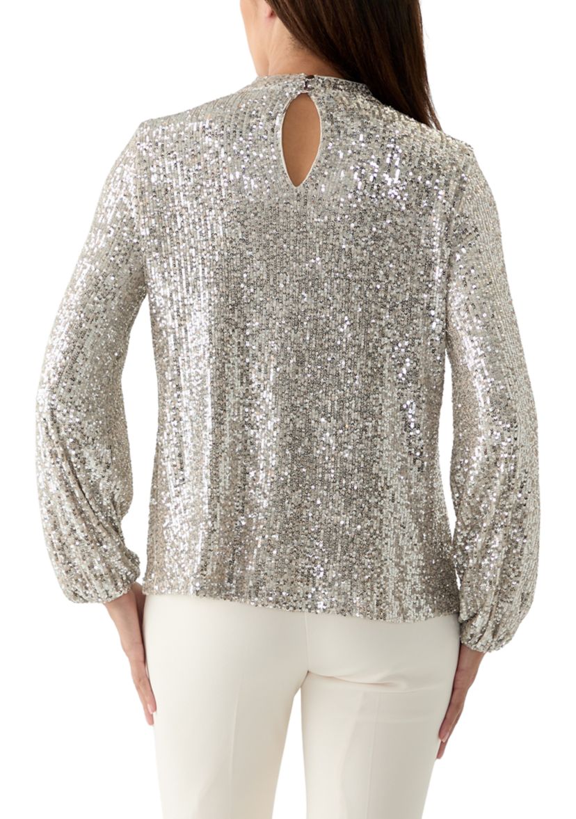 Womens Sequin Pleat Mock Neck Top
