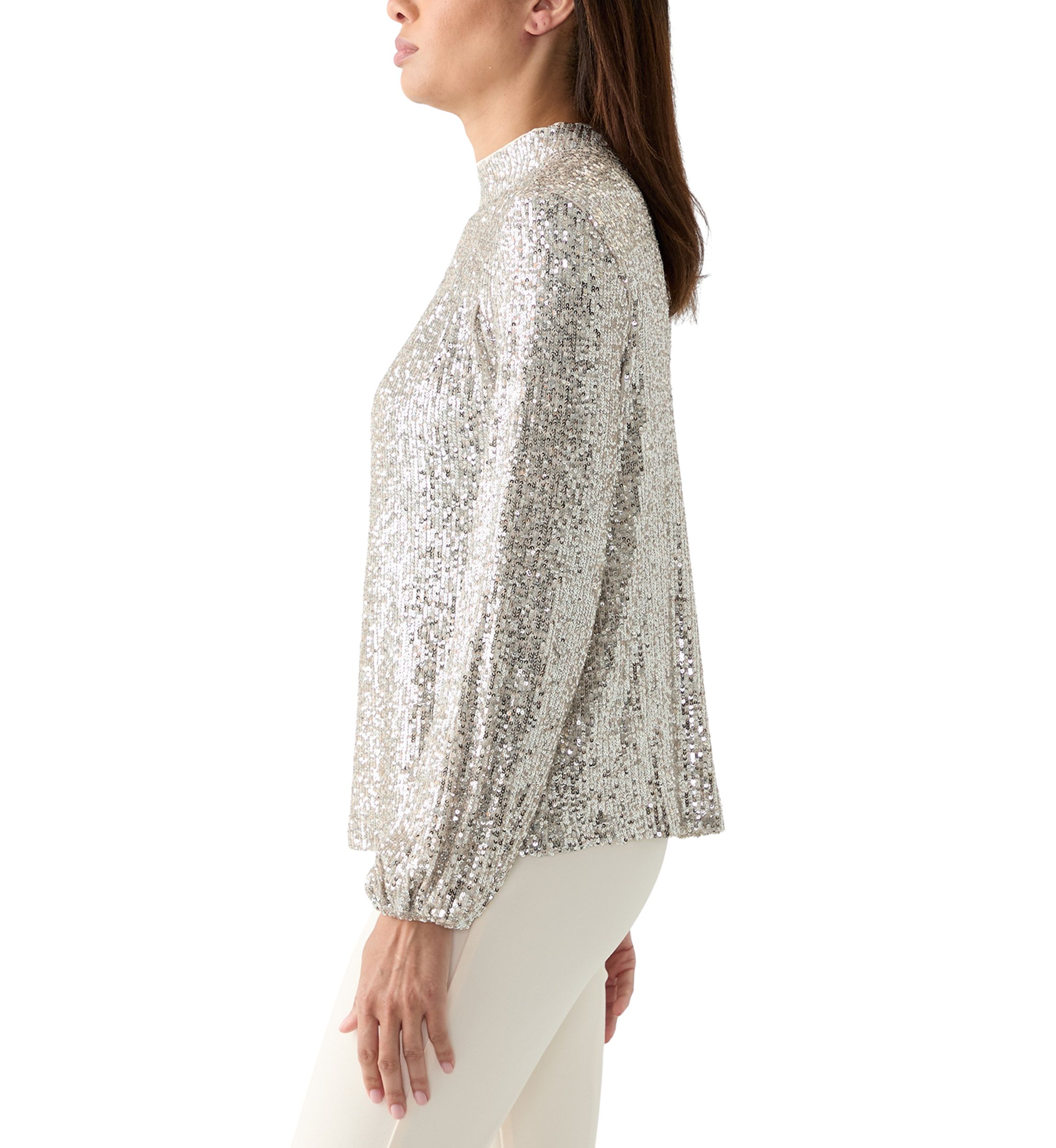 Womens Sequin Pleat Mock Neck Top