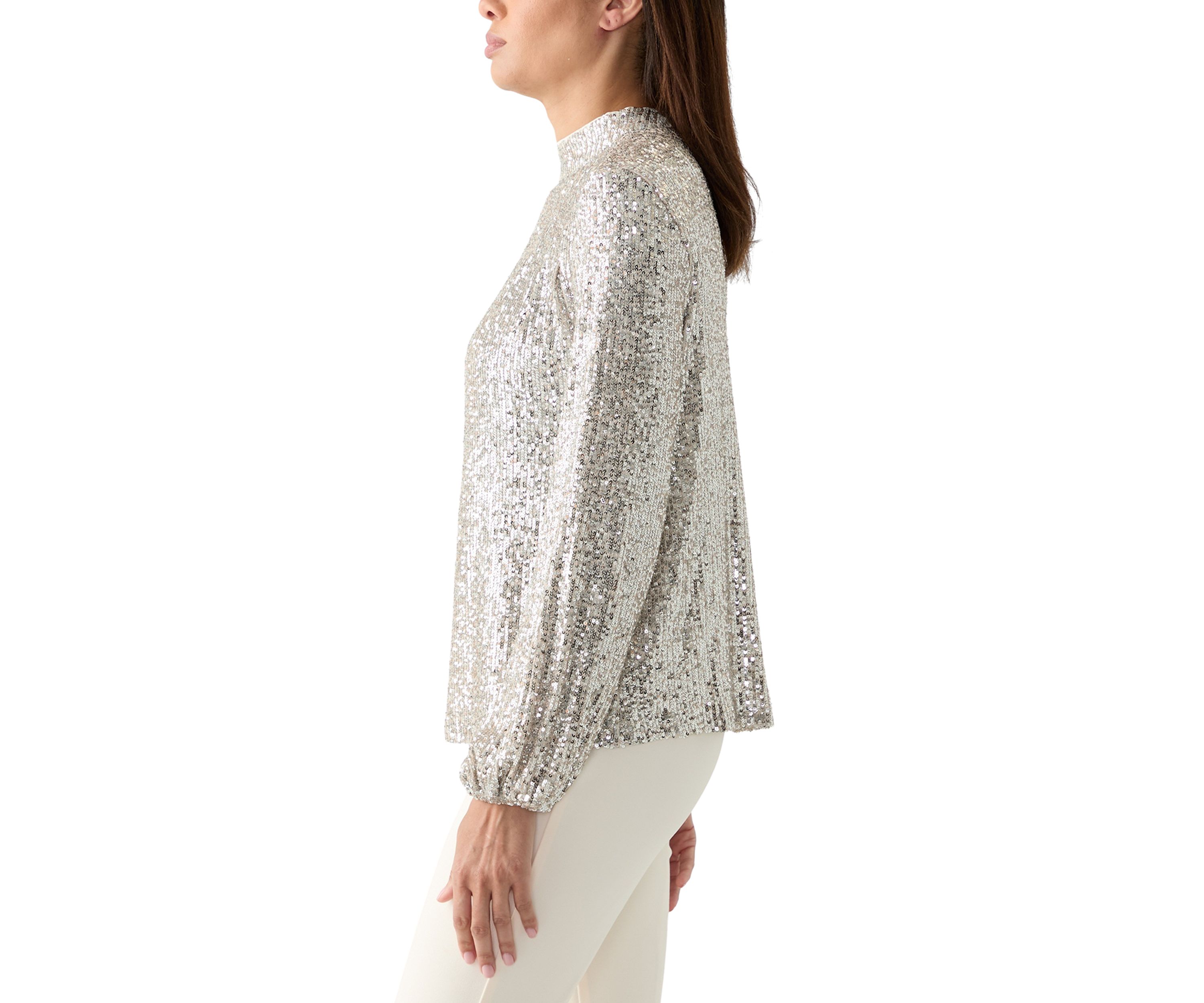 Womens Sequin Pleat Mock Neck Top