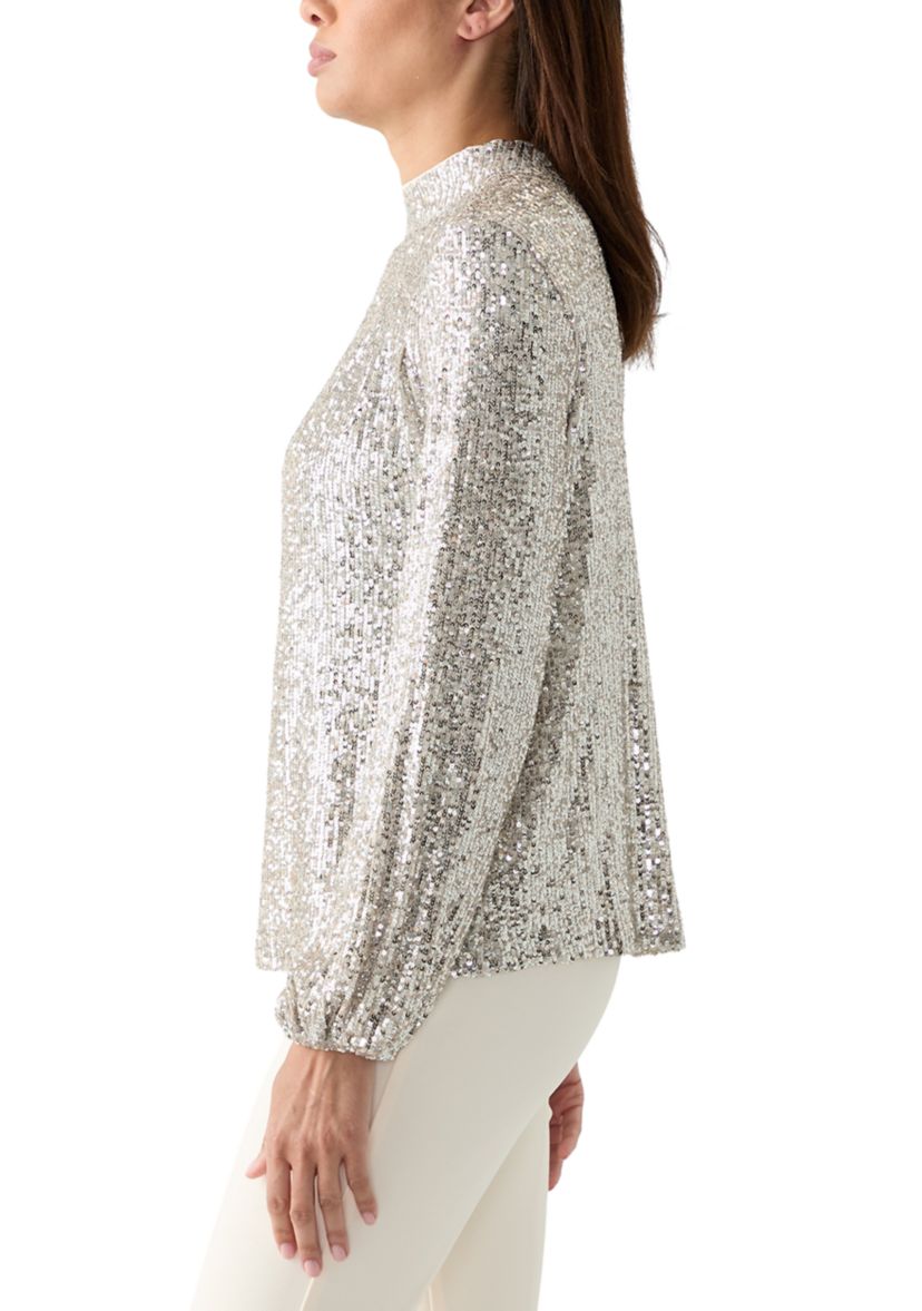 Womens Sequin Pleat Mock Neck Top