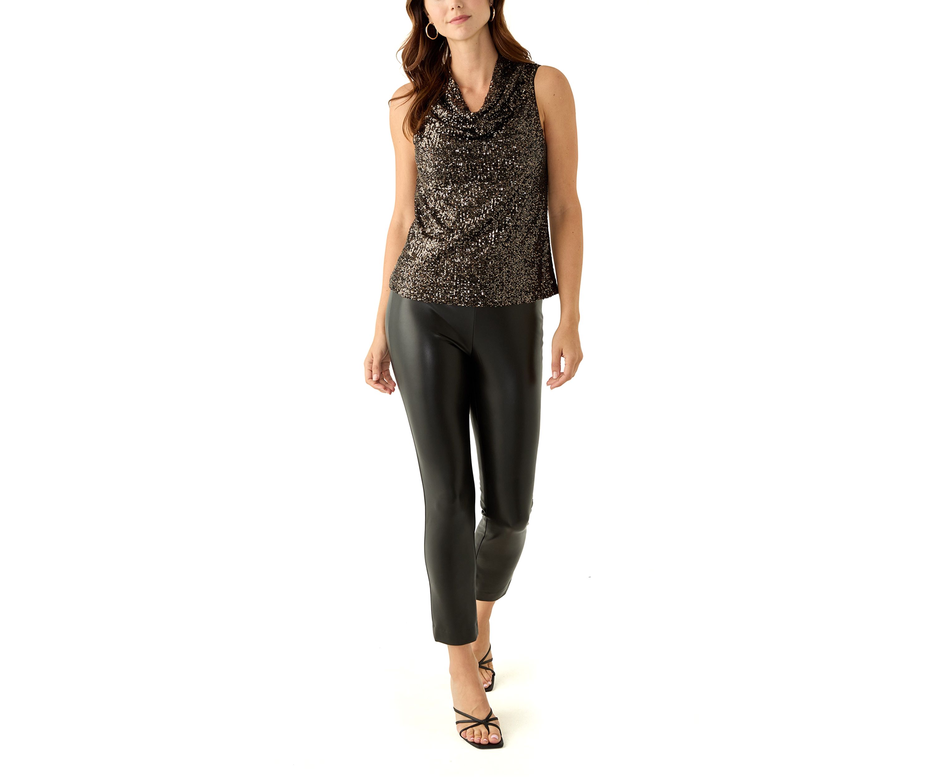 Womens Sleeveless Sequin Cowl Neck Top