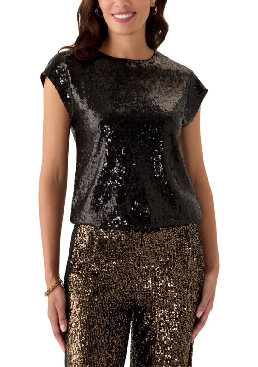 Womens Sequin Extended Shoulder Top