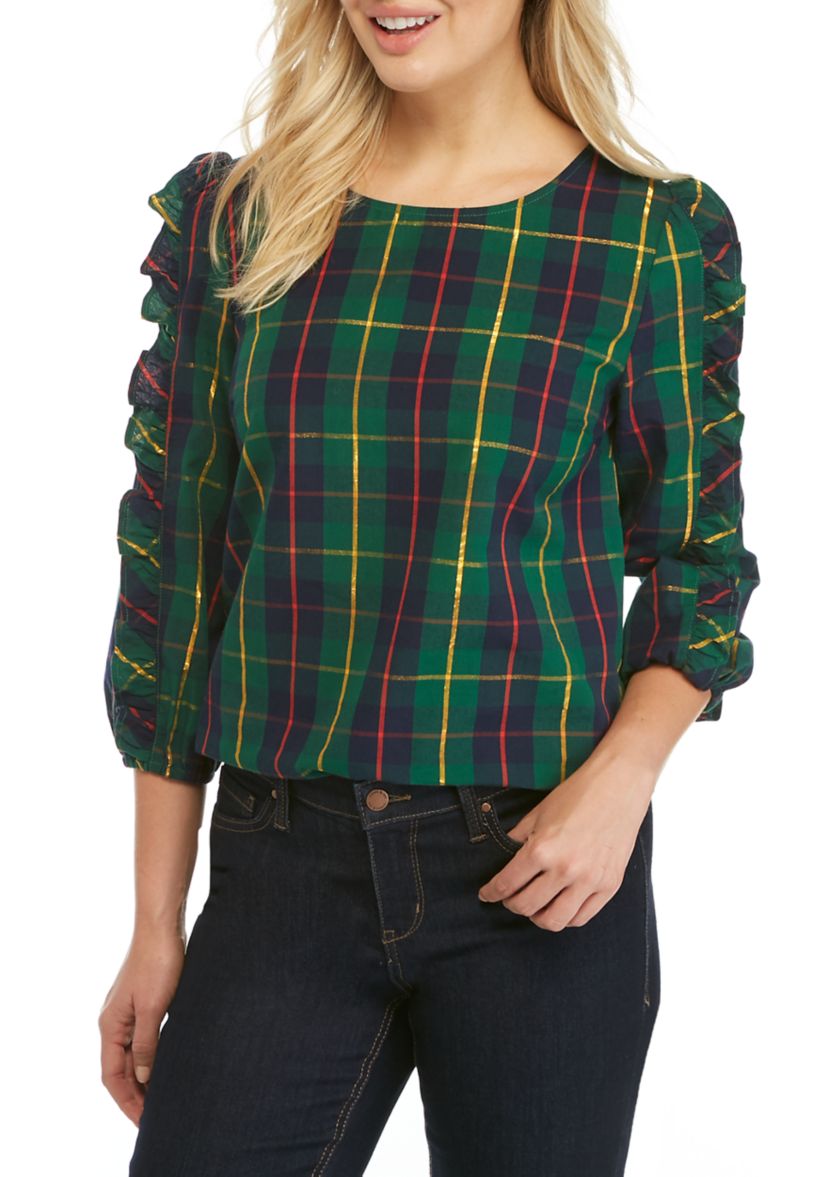 Womens Ruffle Sleeve Plaid Blouse