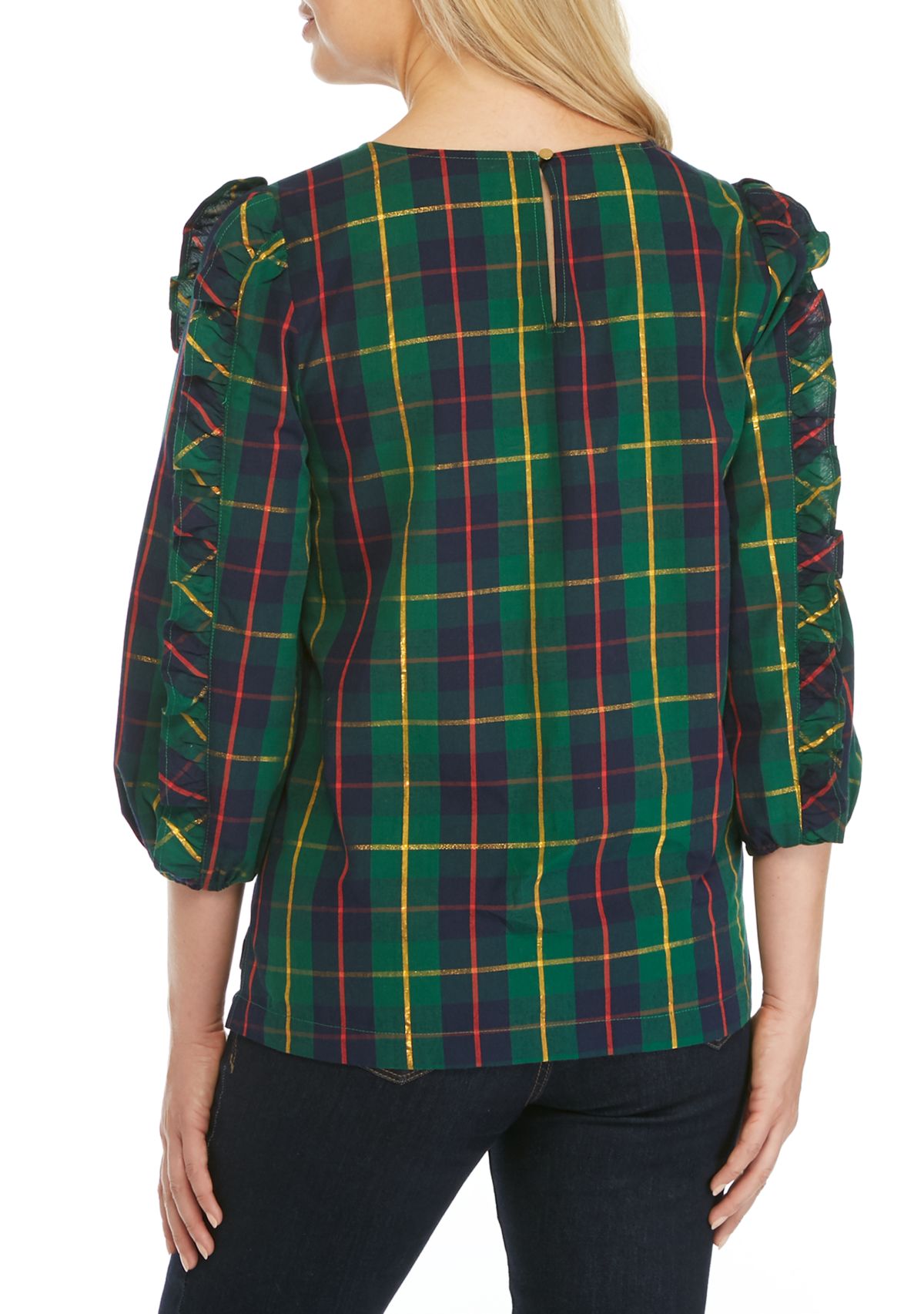 Womens Ruffle Sleeve Plaid Blouse