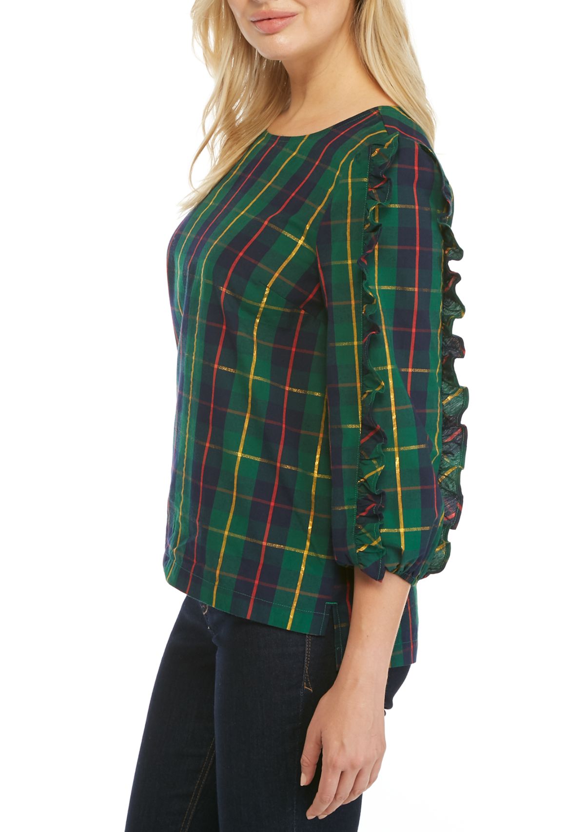 Womens Ruffle Sleeve Plaid Blouse