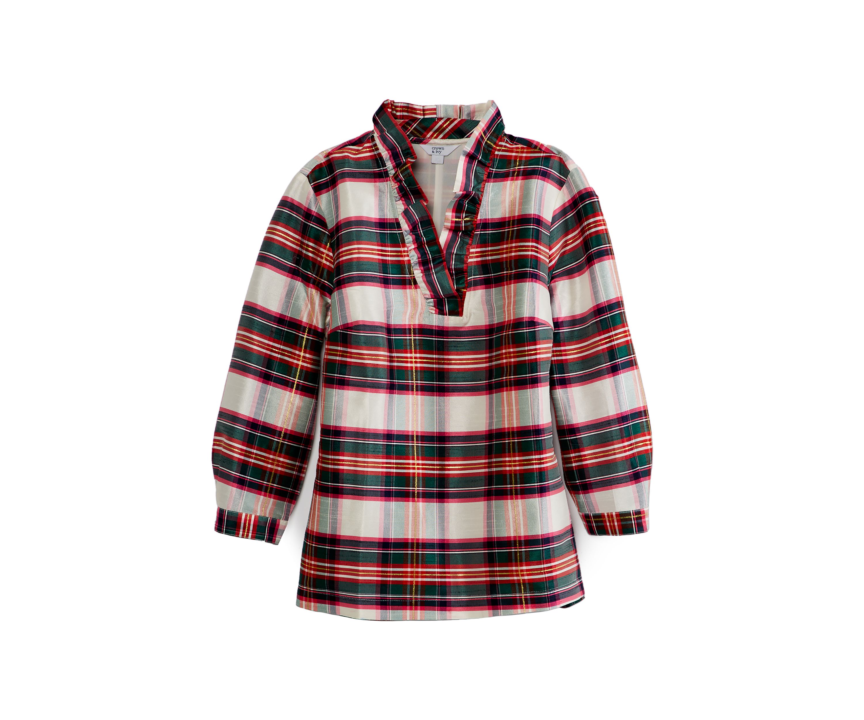 Womens Ruffle Y-Neck Plaid Blouse