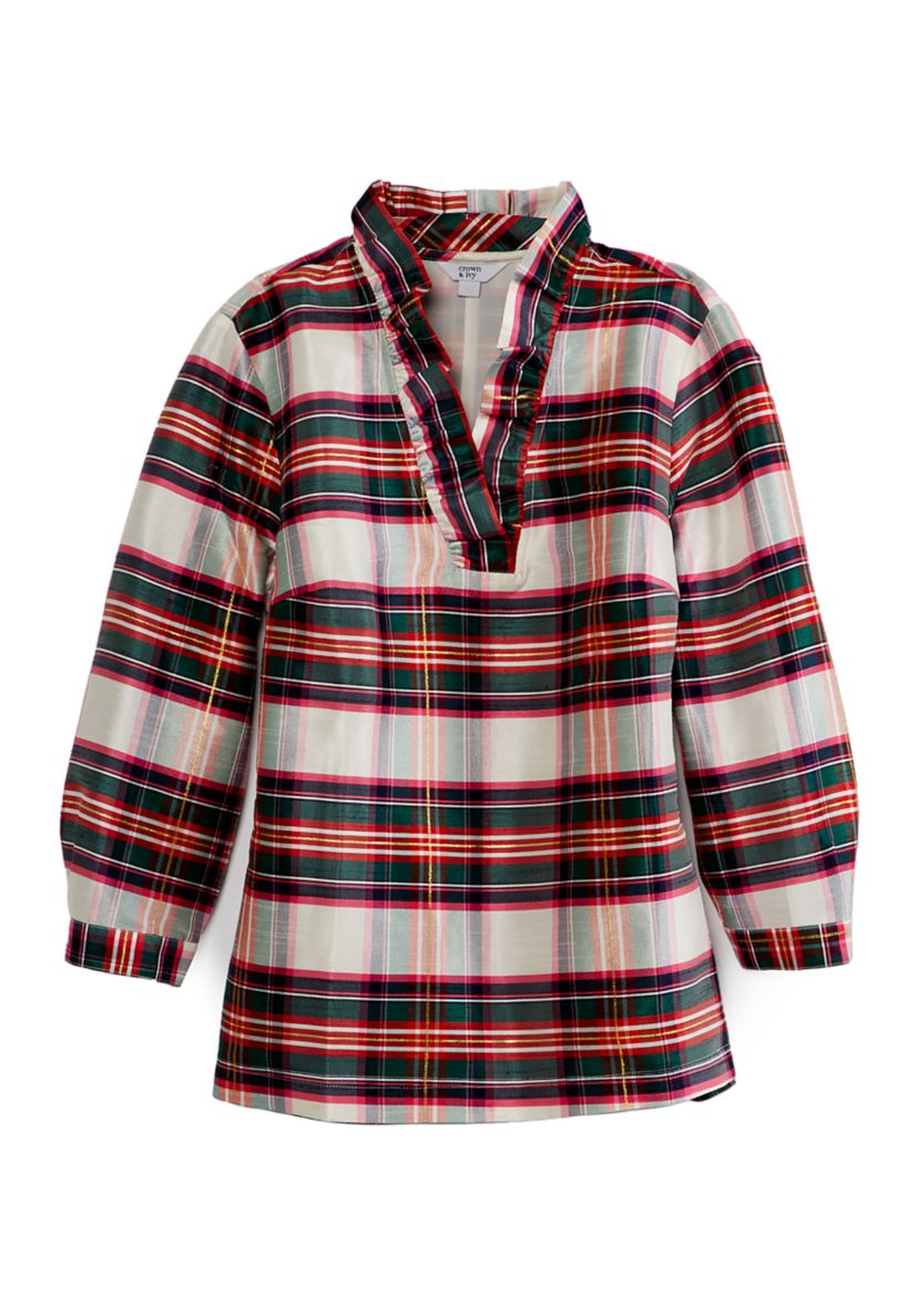 Womens Ruffle Y-Neck Plaid Blouse