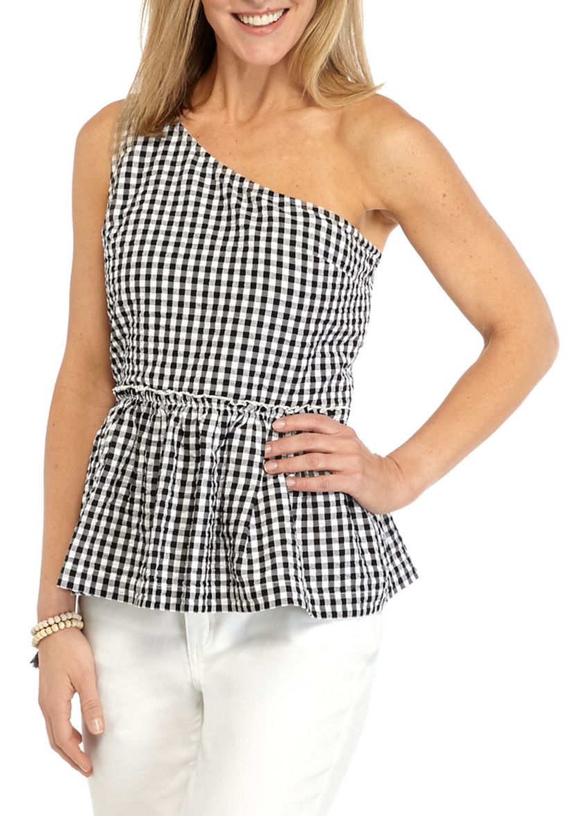 Womens One Shoulder Yarn Dye Top