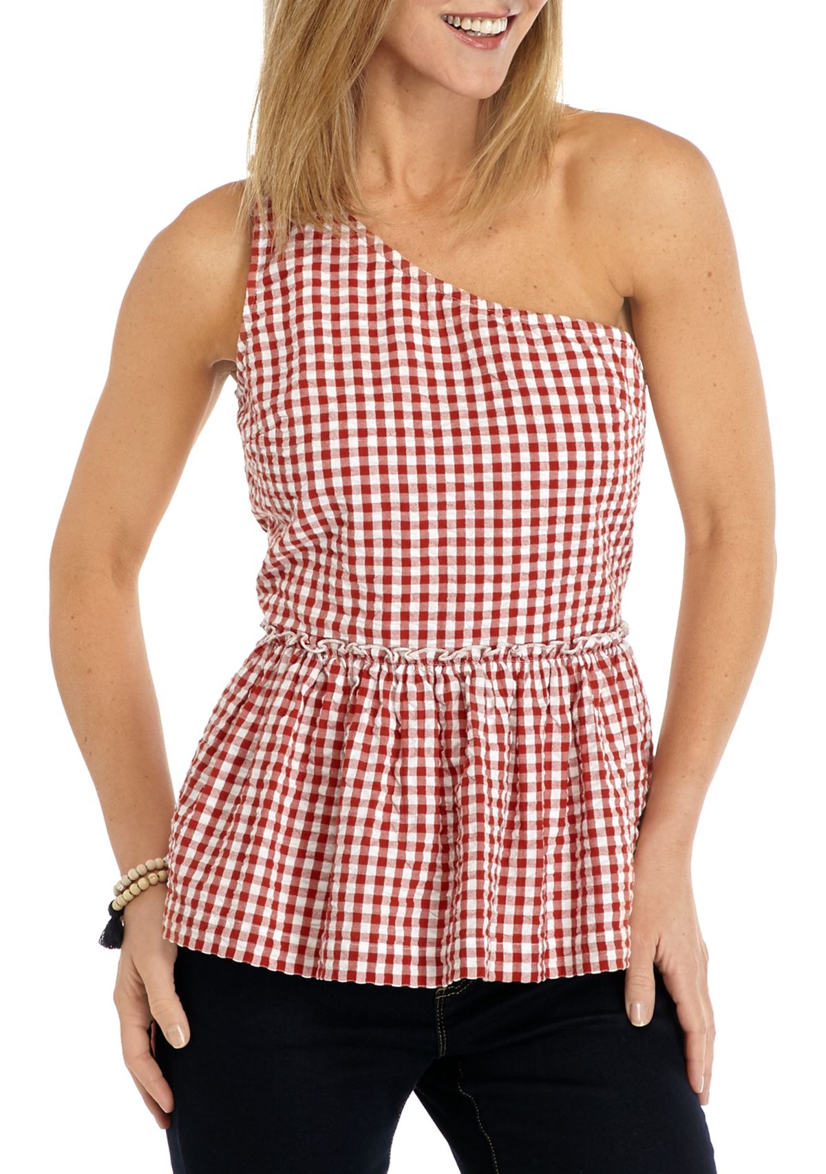 Womens One Shoulder Yarn Dye Top