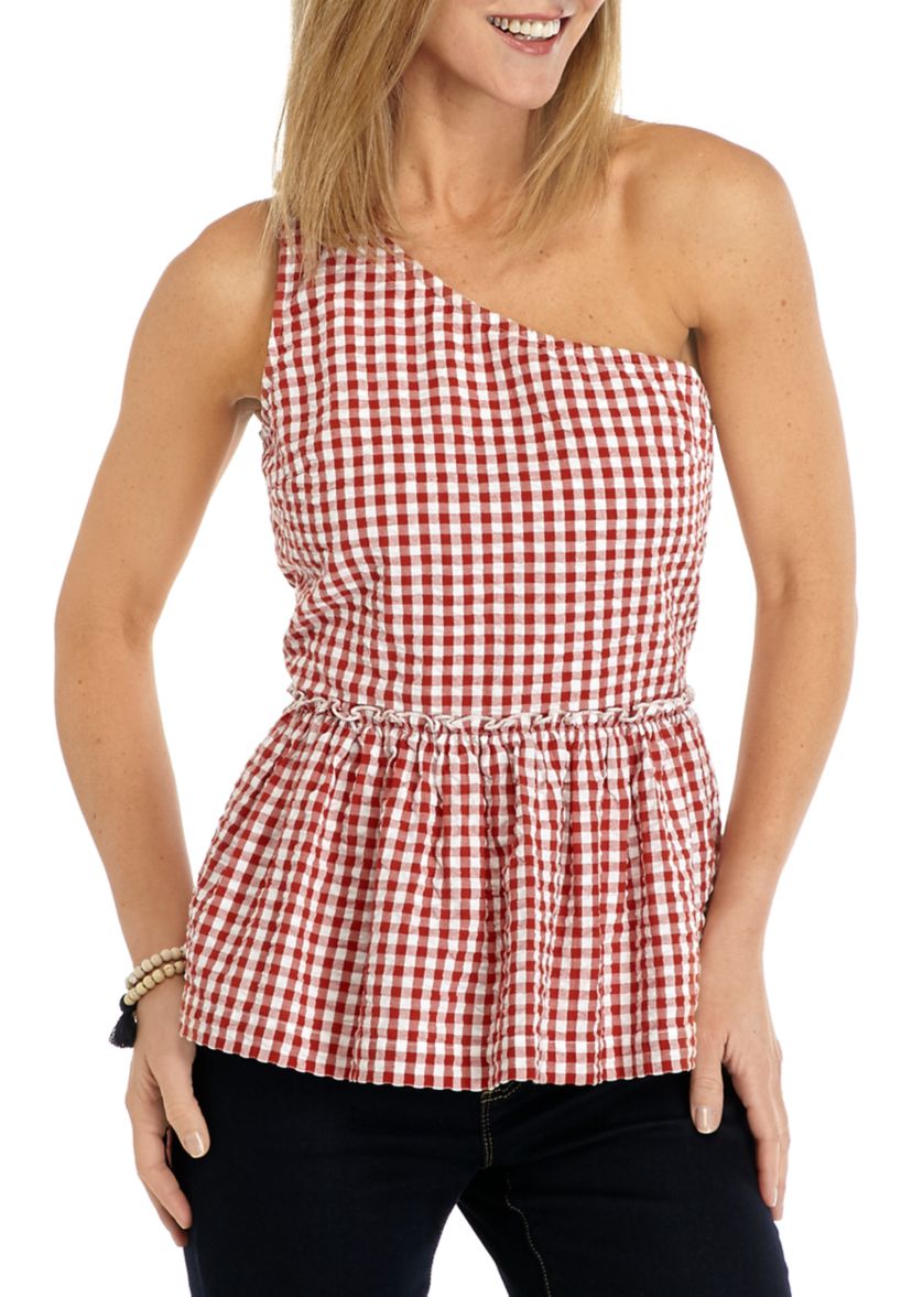 Womens One Shoulder Yarn Dye Top