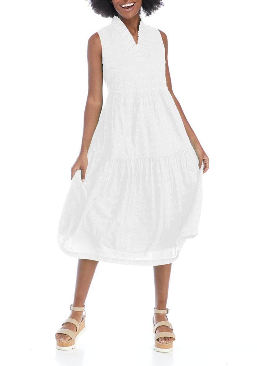 Womens Sleeveless Ruffle V-Neck Midi Dress