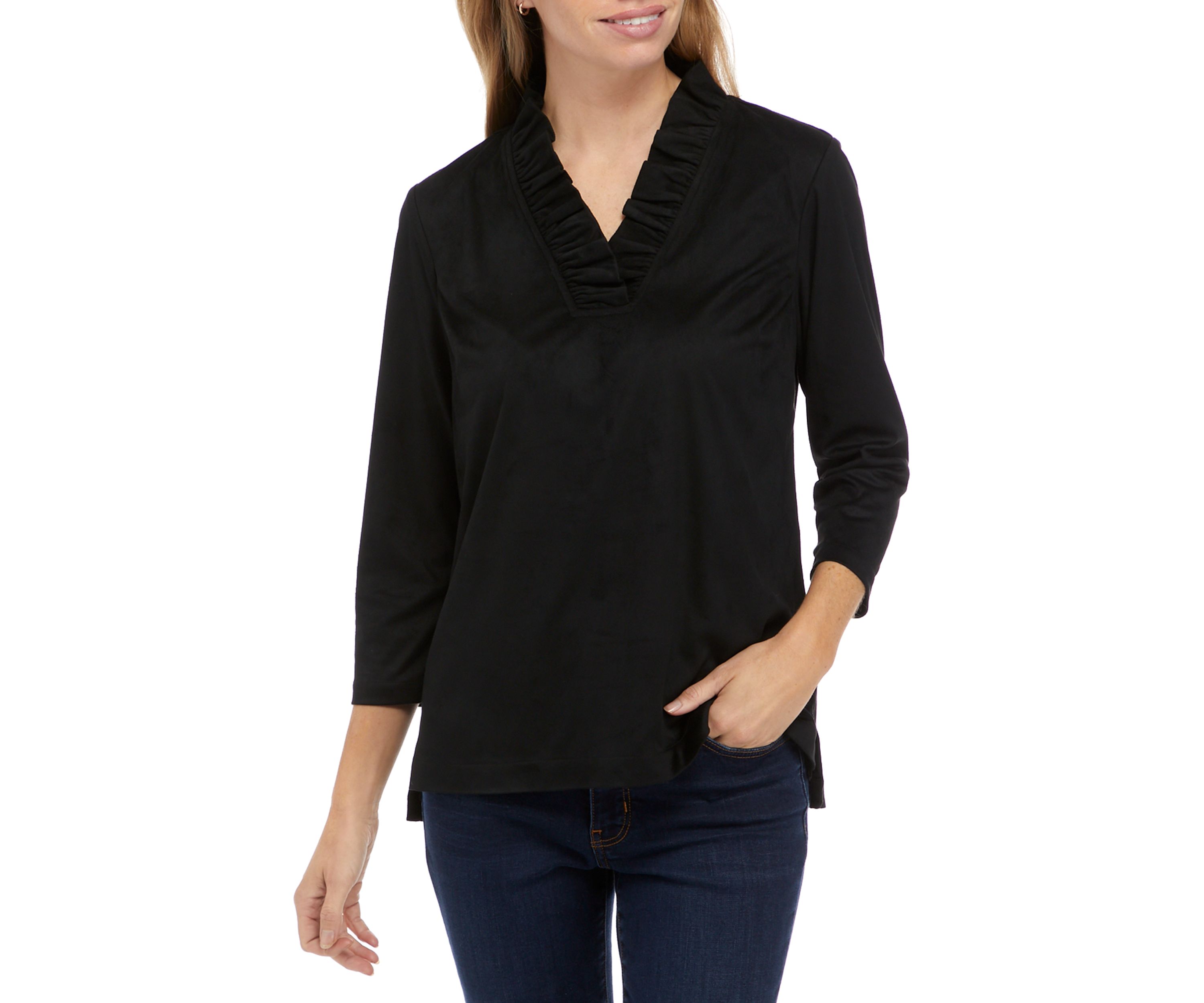 Womens 3/4 Sleeve Ruffle Neck Top 