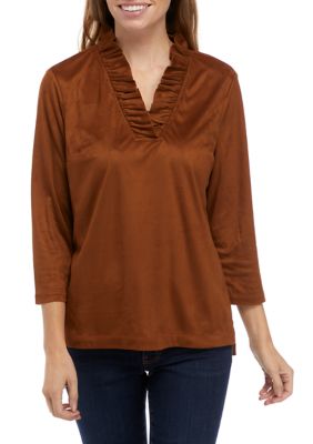 Crown & Ivy Women's 3/4 Sleeve Ruffle Neck Top, Brown, Small