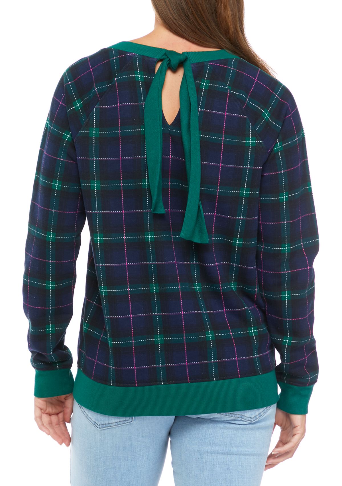 Womens Long Sleeve Bow Back Plaid Sweater