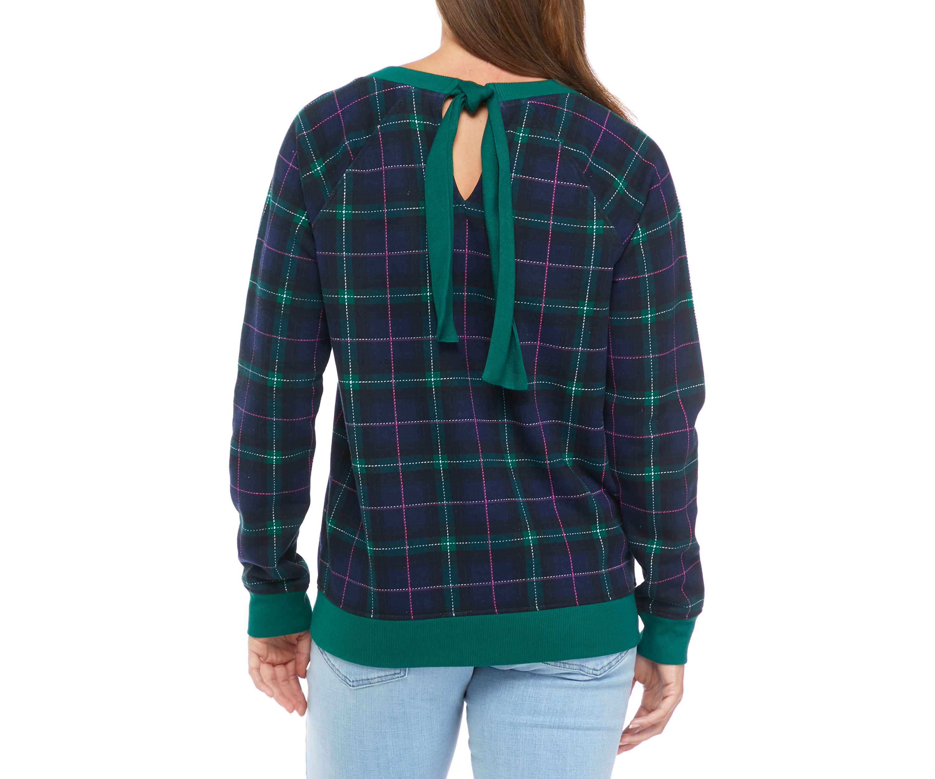 Womens Long Sleeve Bow Back Plaid Sweater