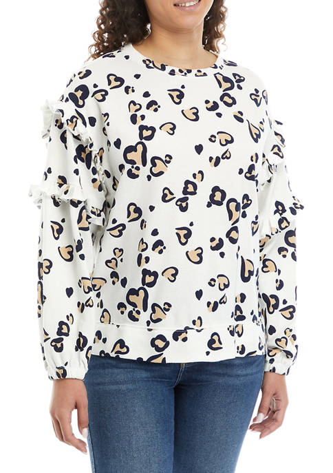 Womens Long Drop Sleeve Double Ruffle Printed Pullover