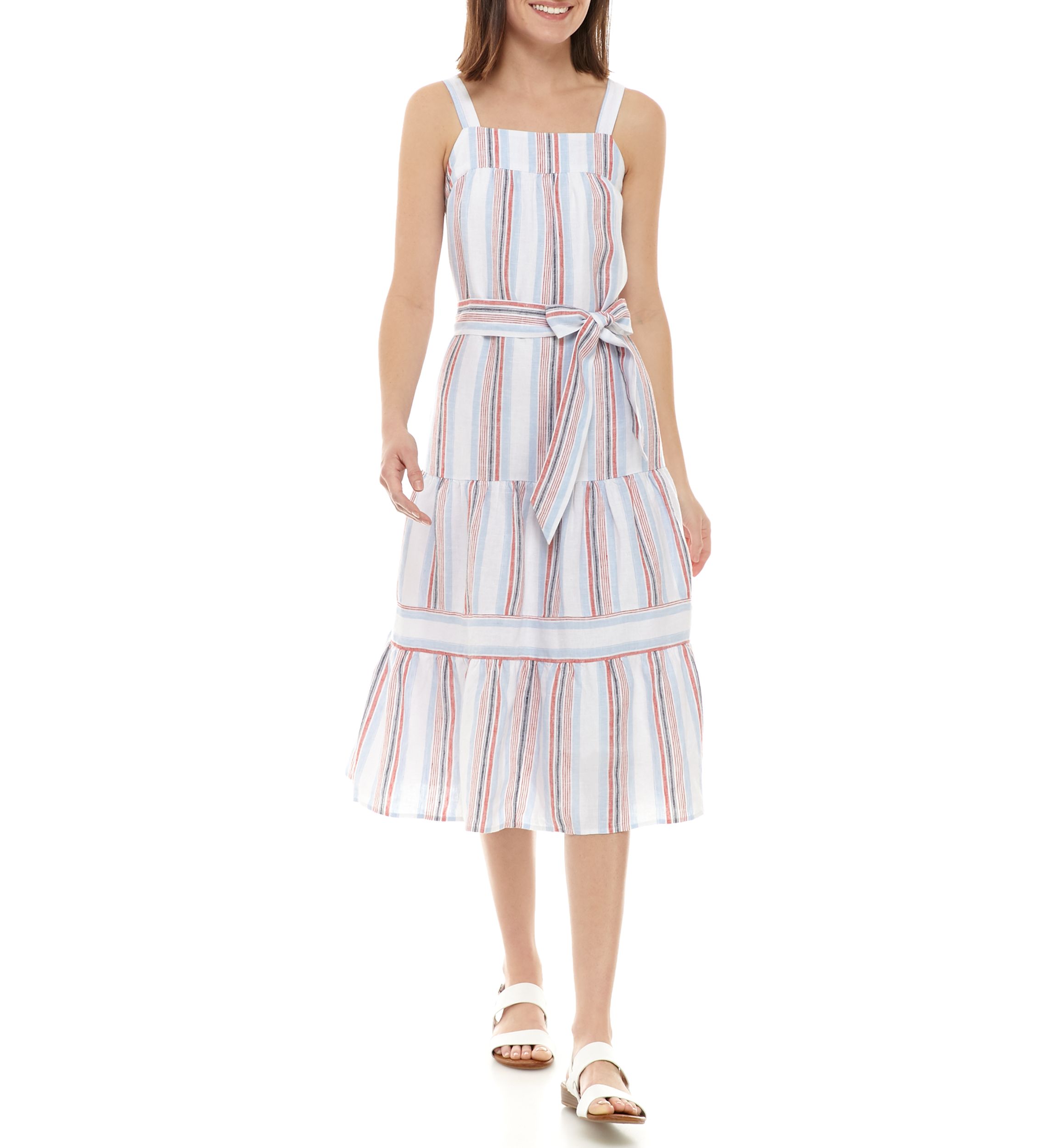 Womens Yarn Dyed Tiered Midi Dress