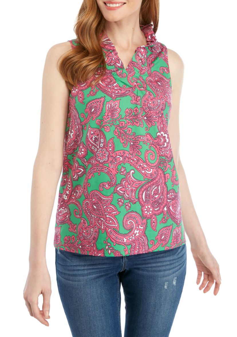 Sleeveless Ruffle Neck Printed Top