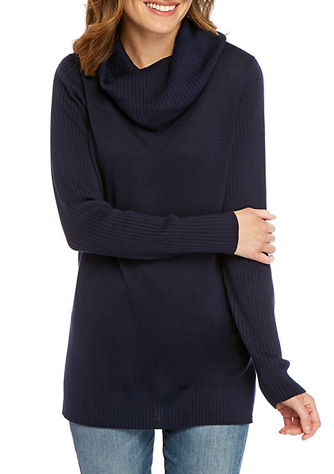 Long Sleeve Ribbed Cowl Neck Solid Sweater