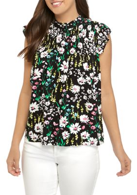 Crown & Ivy™ Women's Short Sleeve Smocked Ruffle Yoke Printed Shirt | belk