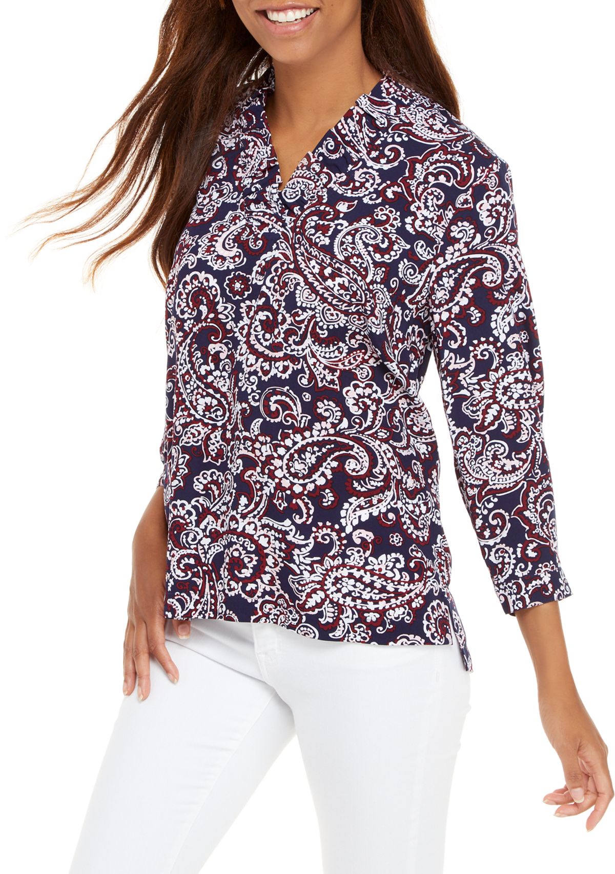 Petite Ruffle Split Neck Printed Blouse 