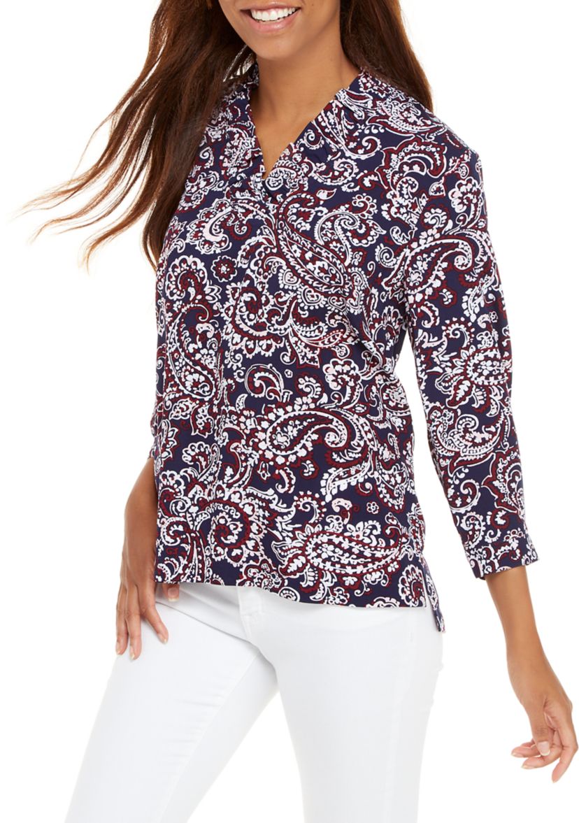 Petite Ruffle Split Neck Printed Blouse 