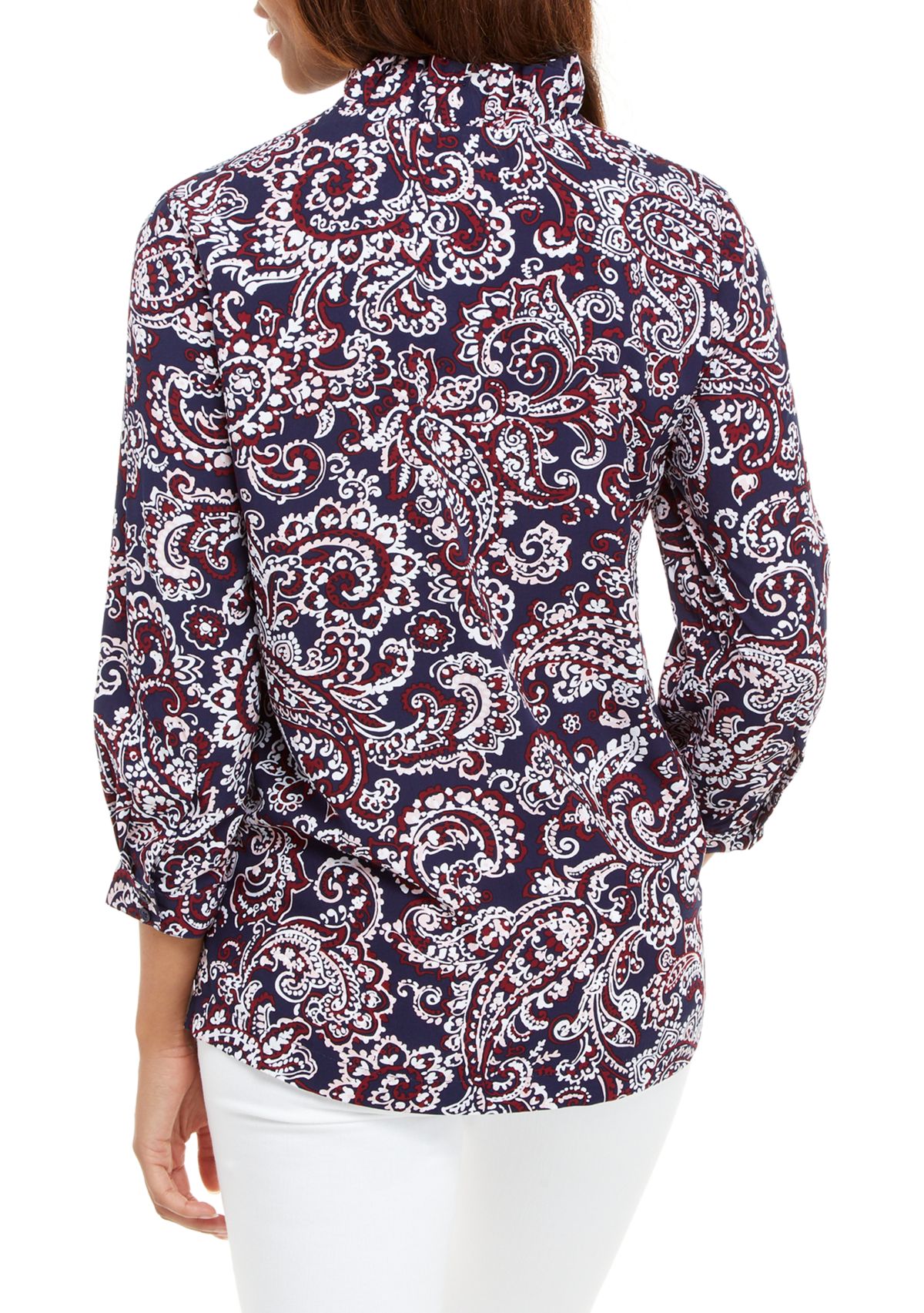 Petite Ruffle Split Neck Printed Blouse 