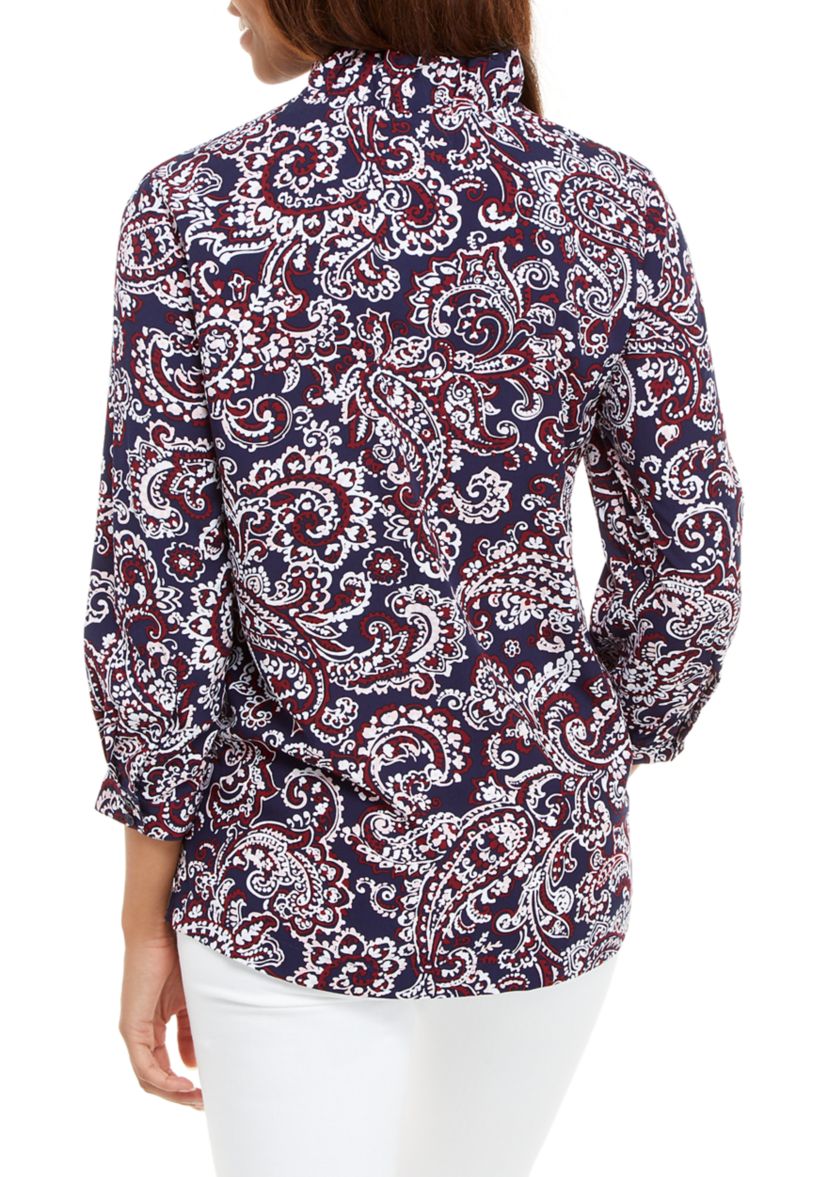 Petite Ruffle Split Neck Printed Blouse 