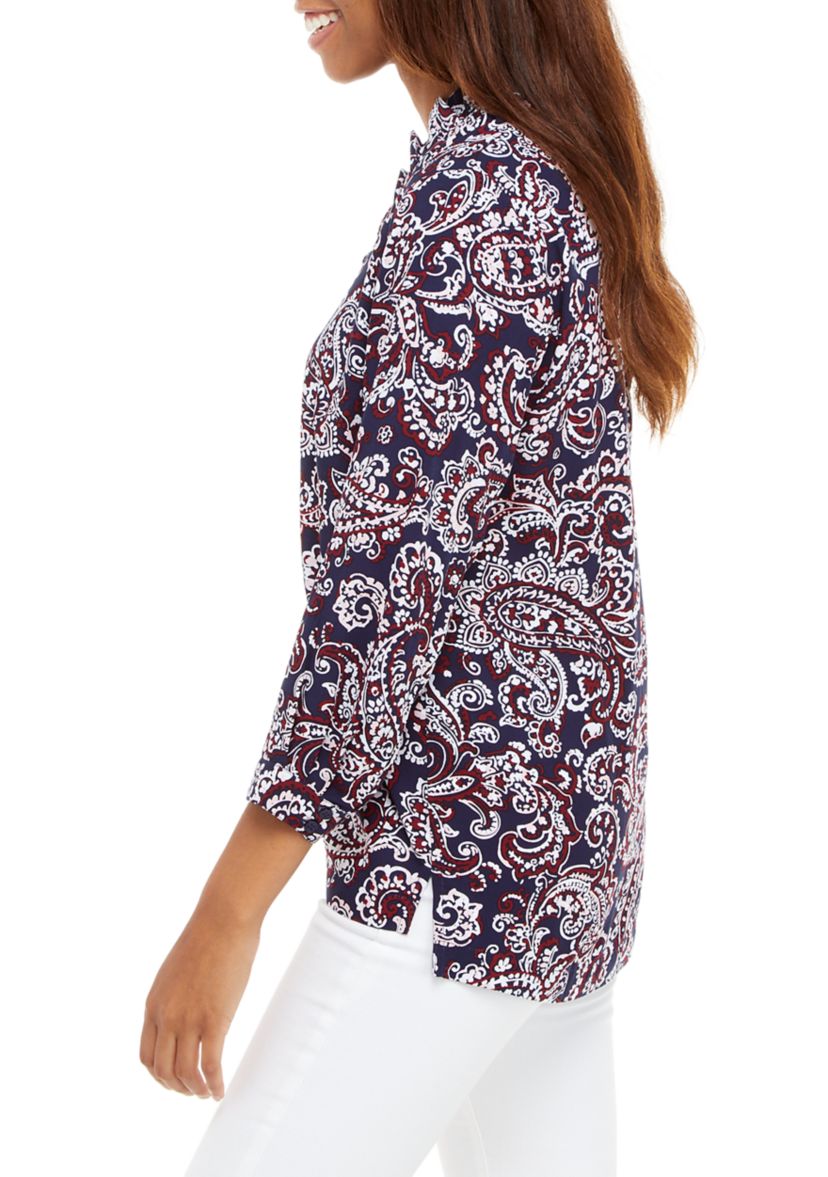 Petite Ruffle Split Neck Printed Blouse 