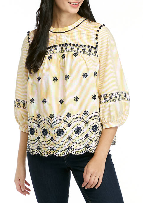Petite 3/4 Sleeve Embroidered Eyelet Top 