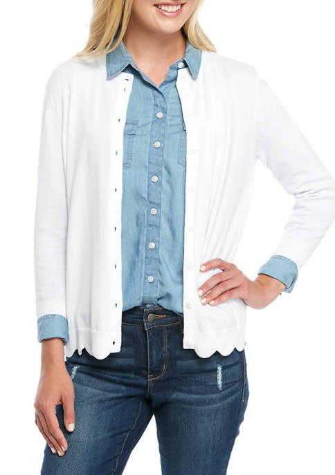 Crown & Ivy™ Petite Long Sleeve Scalloped Solid Cardigan 