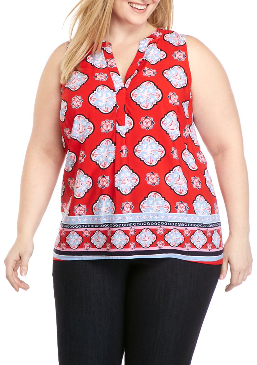 Plus Size Sleeveless Y-Neck Printed Peasant Top