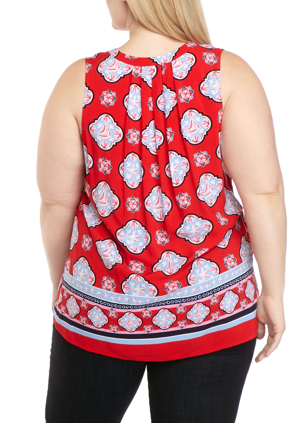 Plus Size Sleeveless Y-Neck Printed Peasant Top